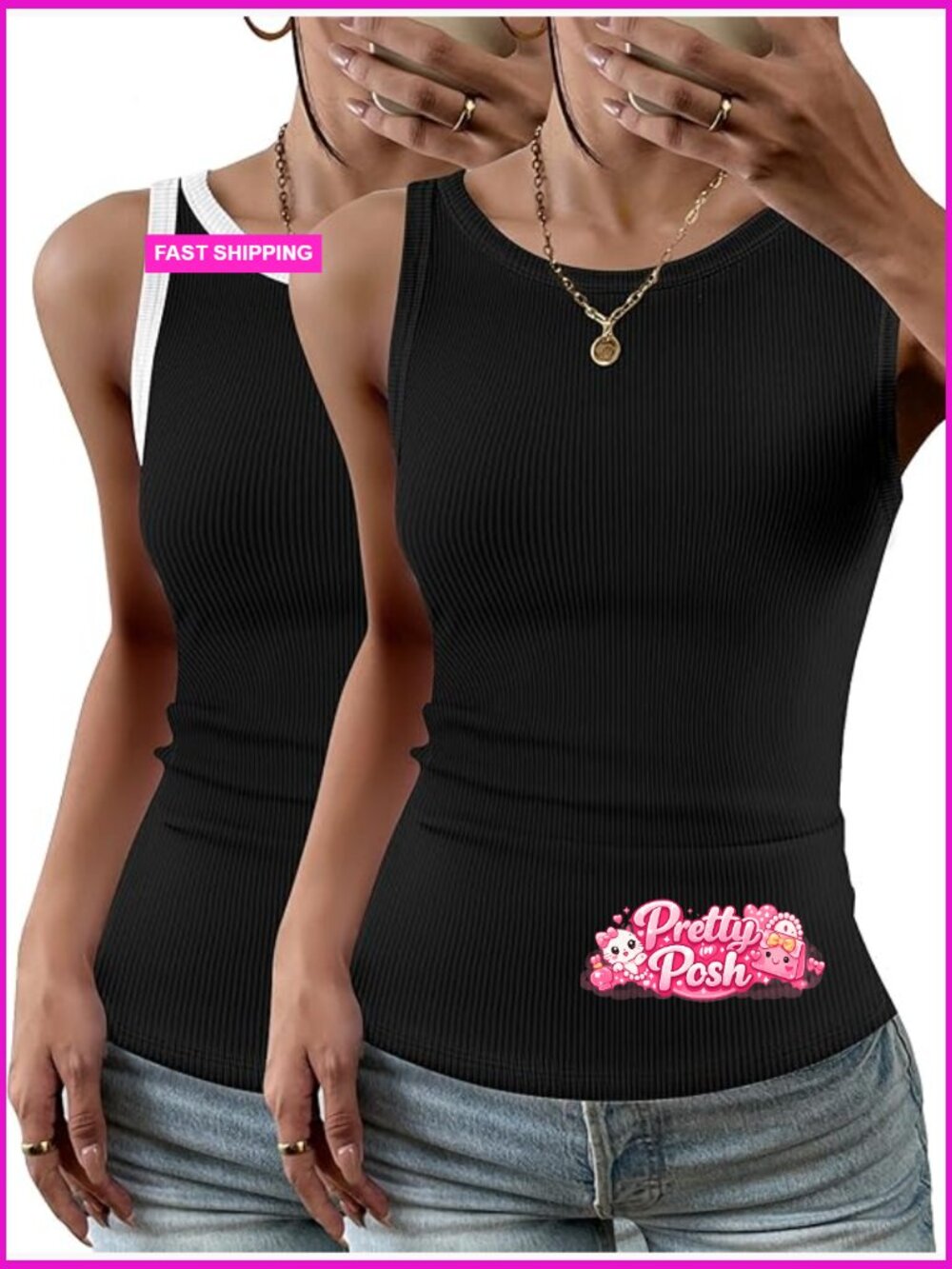 Women's Ribbed Knit Tank Top Racerback Fitted T-Shirt
